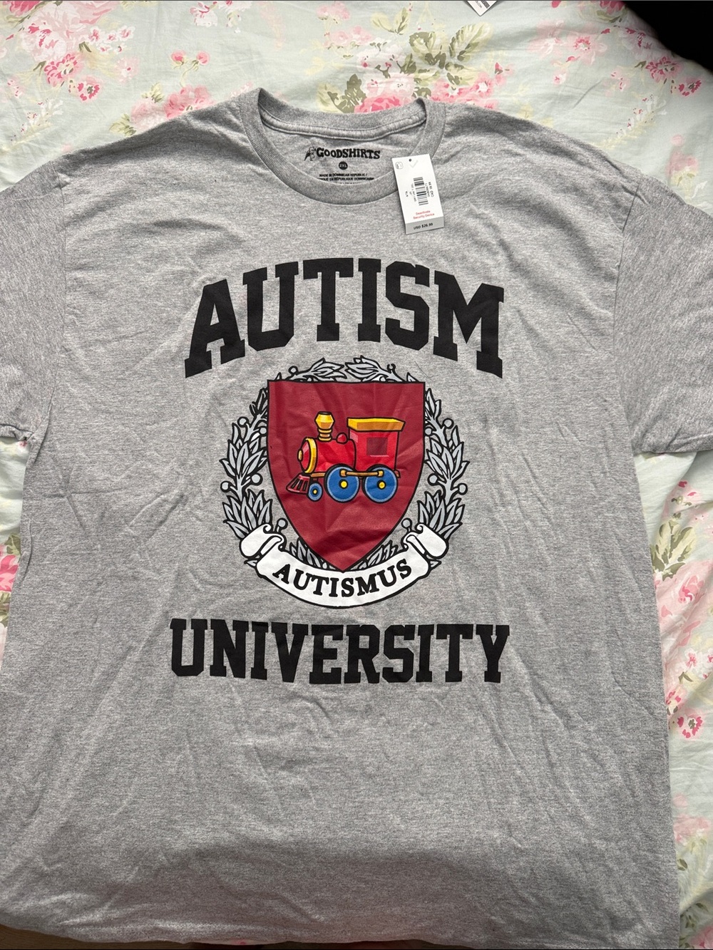 Spencer's Gray "Autism University" Crest Tee with Red & Blue Train Graphic